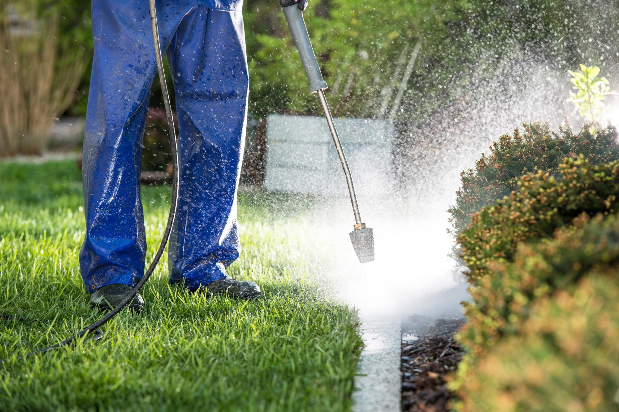 Man pressure washing stone sets bordering a garden lawn